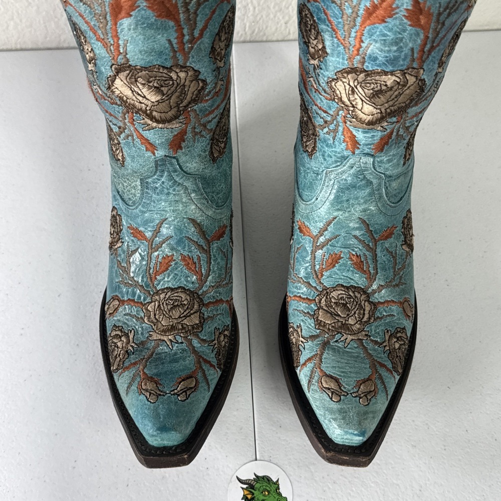 Lucchese Turquoise Cowboy Boots Womens 6 Distressed Embroidered Roses M5646 - Picture 4 of 16